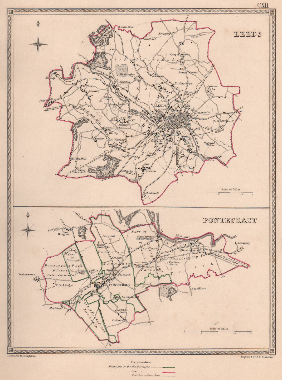 WEST YORKSHIRE TOWNS. Leeds Pontefract borough plans. CREIGHTON/WALKER 1835 map
